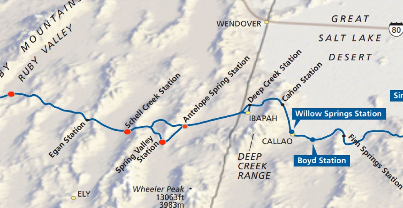 Map of Pony Express Stations marked with black text and points. The Stations mentioned here, Ruby Valley, Schell Creek, Spring Valley, and Antelope Spring stations are marked with red points. Blue line shows Pony Express route.