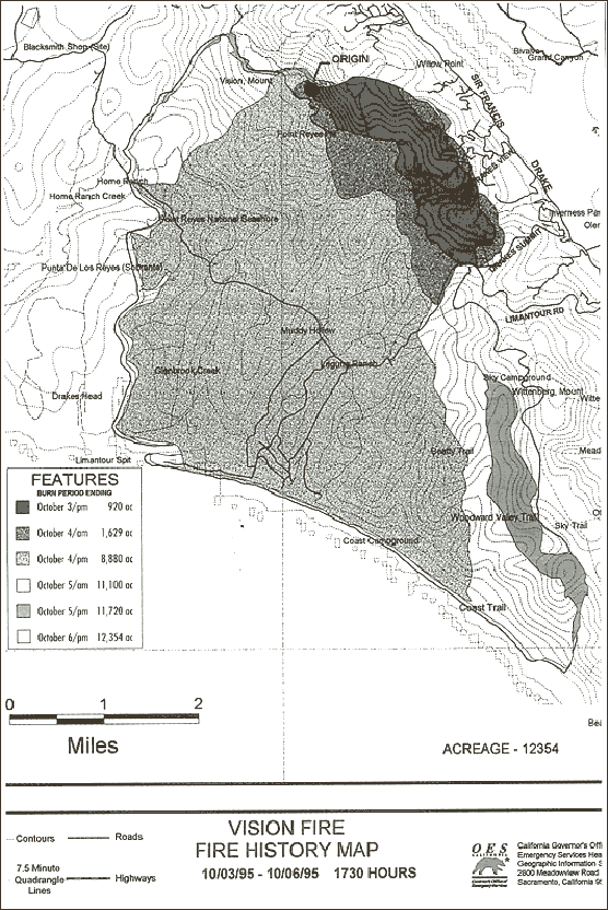 A black and white map of the central part of Point Reyes National Seashore showing the progression of the 1995 Vision Fire from October 3 to October 6.