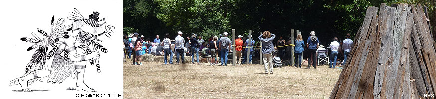 (L) Drawing of Miwok Dancer by Edward Willie. (R) Visitors watching dancers during 2014 Big Time Festival.