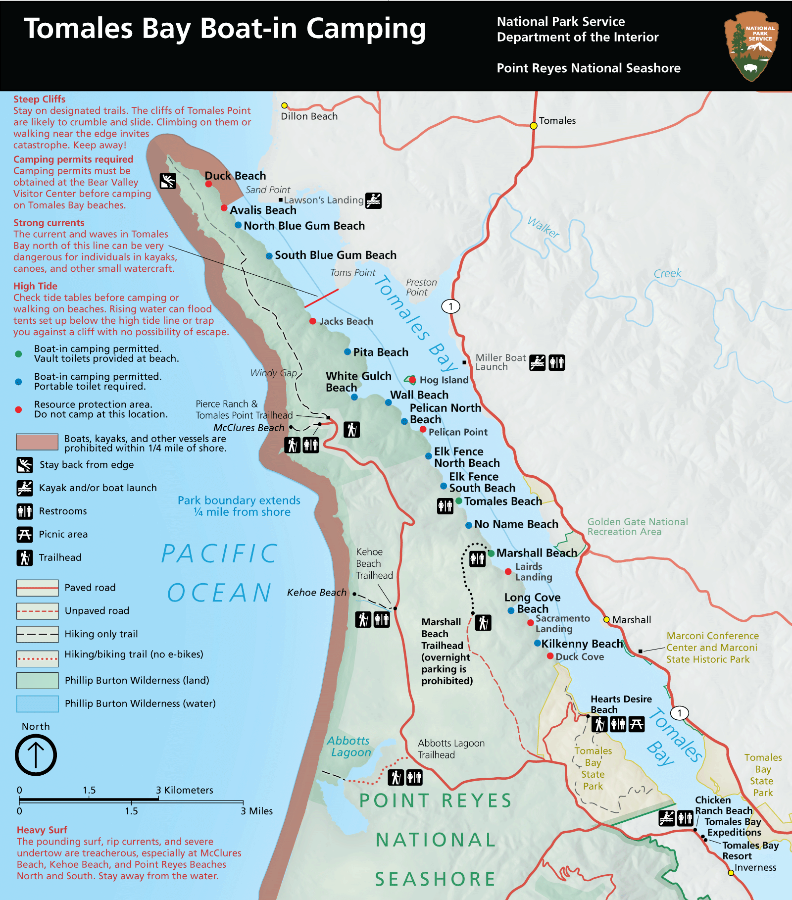 A map for locating beaches along Tomales Bay upon which camping is permitted. Click on this image to download a higher resolution PDF version of the map that also contains more detailed alt text.