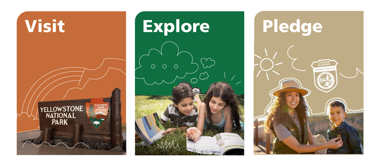 Junior-Ranger-NPS Graphic of three photographs with childlike doodles and bold backgrounds of Park Service orange, green, and tan are titled: Visit. Connect. Pledge. 1st, Yellowstone Park sign, 2nd, two kids lay on grass, smile, and look at activity booklet. 3rd. Ranger sm
