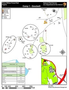 Map of cabin in camp 1 with 10 cabins each in 4 clusters around a central dining hall and parking area