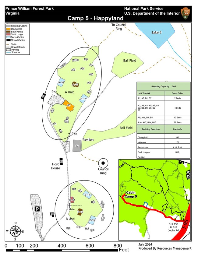 Map of Cabin Camp 5 showing 2 sleeping cabin loops with dorm buildings and cabins, open fields, parking, roads and trails, and driving directions to the camp