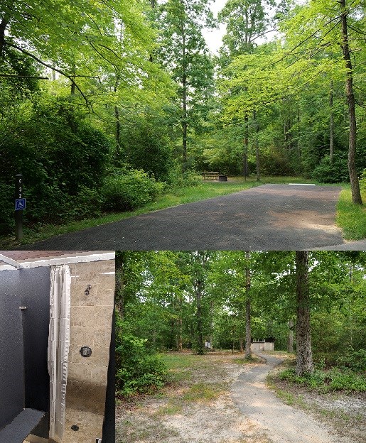 Collage of 3 photos: Top is of a wide paved parking area, picnic table and fire ring in a grassy area at the edge of a green forest, bottom left is of a tan tiled shower stalll, and bottom right is of a paved pathway to a building in the forest