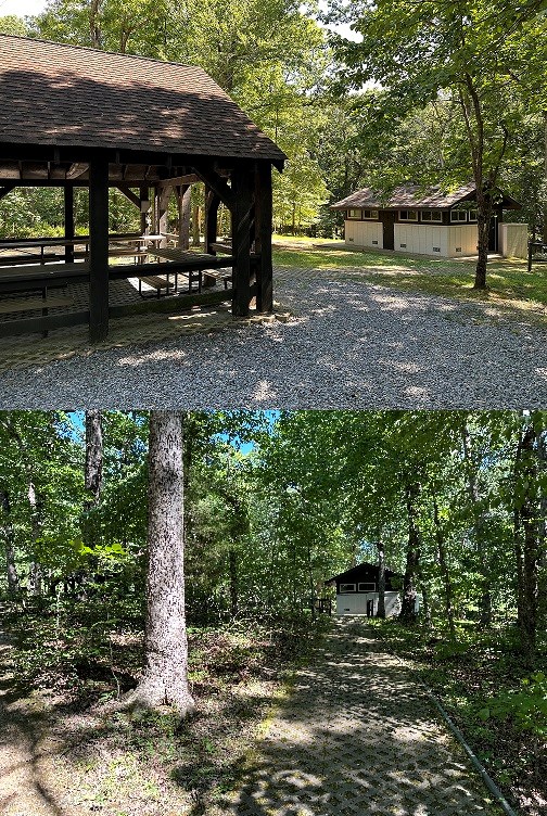 Collage of two stacked photos: the top is a wooden open sided picnic pavilion and small restroom building and the bottom is the shaded stone paver pathway to the restroom building in the forest