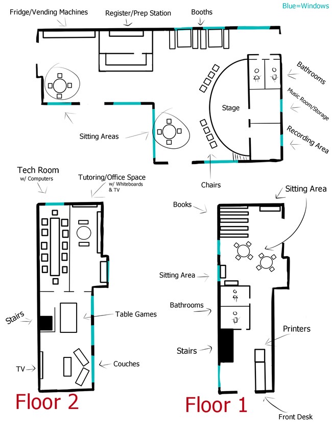 A drawn floor plan detailing different spaces such as seating areas and other amenities.