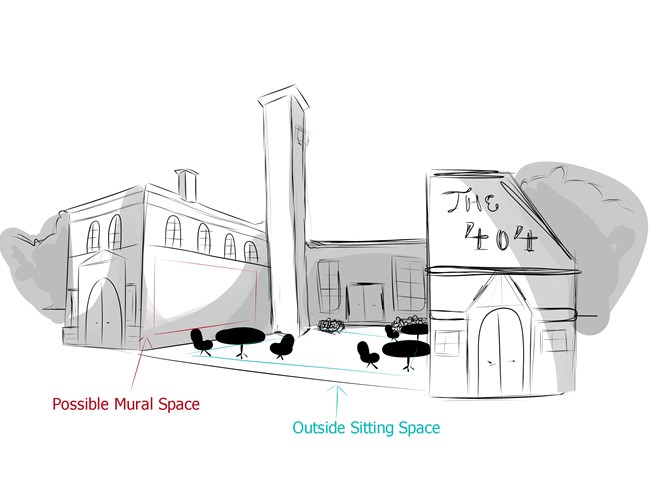 Drawn image of a two story building with a center courtyard and sign that reads "Project 404".