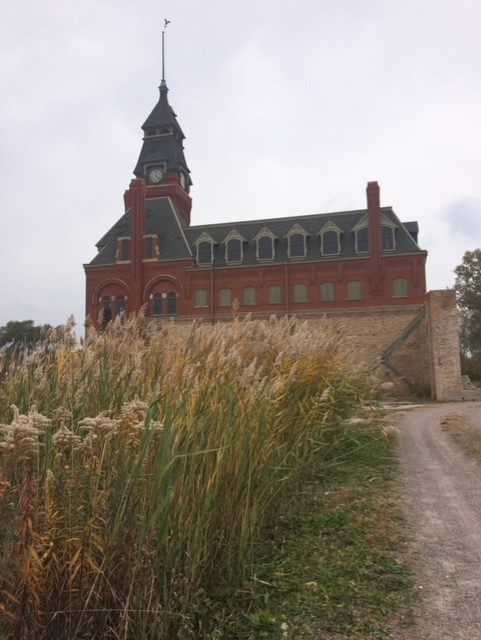 In the foreground of the photo, prairie grass stands tall and sways in the breeze. In the background, the side of a red brick building with a clock tower stands.