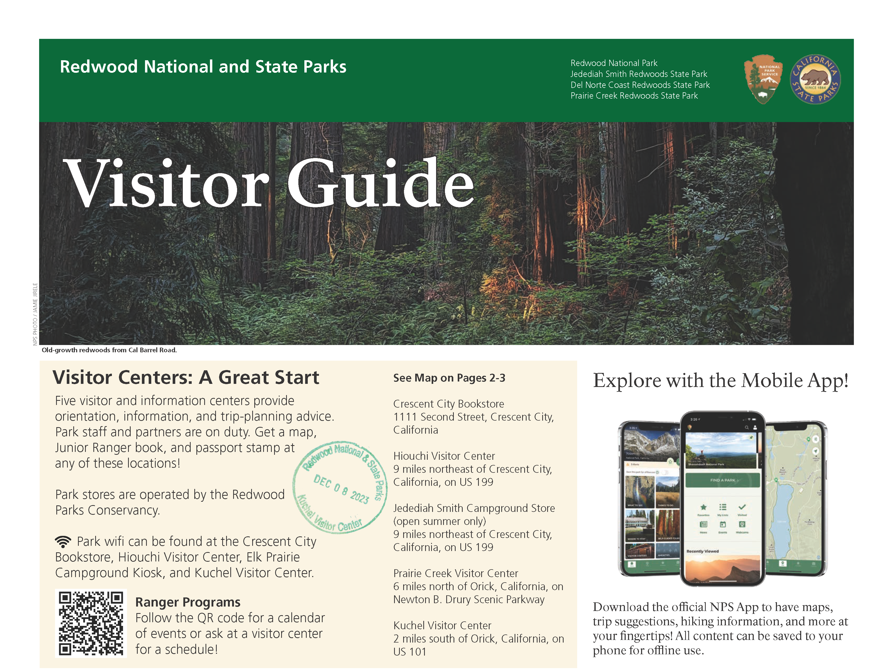Front page of a visitor guide for Redwood National and State Parks