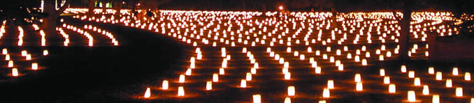 rows of candlelit luminaria arrayed across an evening landscape