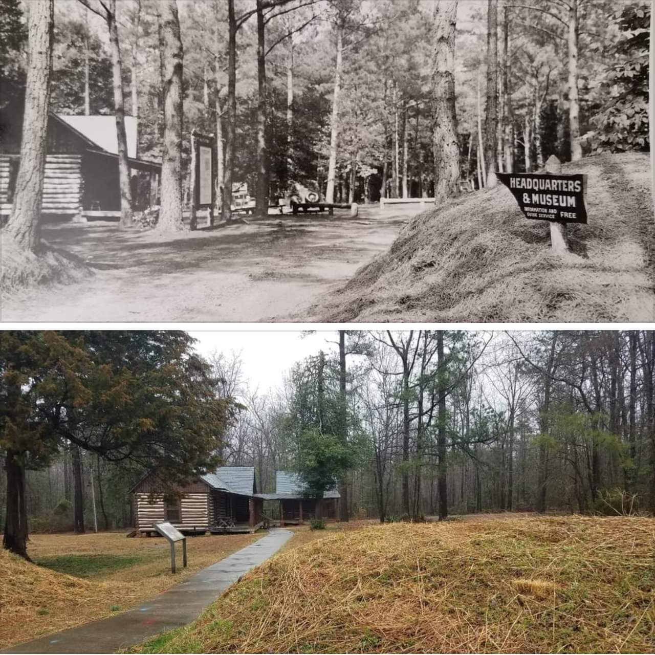 A black and white historic photo of a log cabin over a modern, color photo of the same structure.