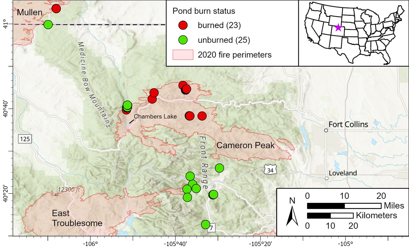 Map of beaver pond locations.  Red dots denote sites located within a burned area and green dots denote beaver ponds in unburned locations.  The red polygon represents the area burned in the 2020 wildfires.