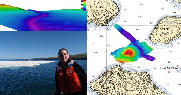 A multi-colored image shows a river-like landform on the lake bottom. A woman smiles next to an ice-covered lake. A map shows the contour lines of Oak, Otter, and Bear Islands.  A long, skinny pink line indicates the site of the submerged river bed.