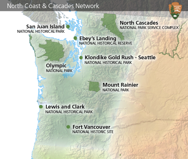 Map of the eight NPS sites of the North Coast & Cascades Network