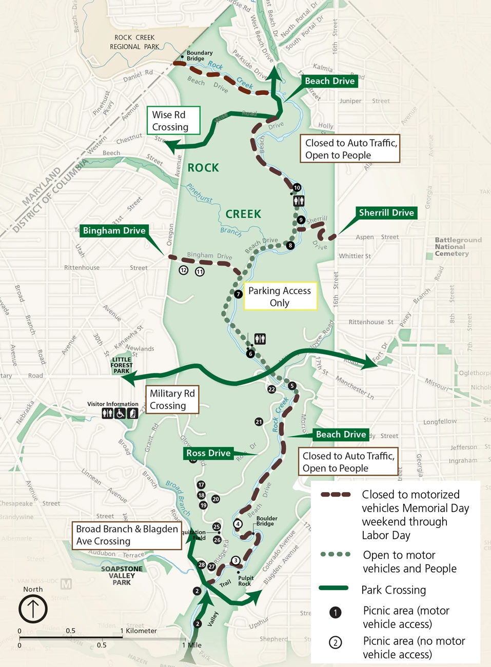 ROCR-closed-to-vehicles-mem-day-weekend-through-labor-day Map of Beach Drive with noted proposed road closures.