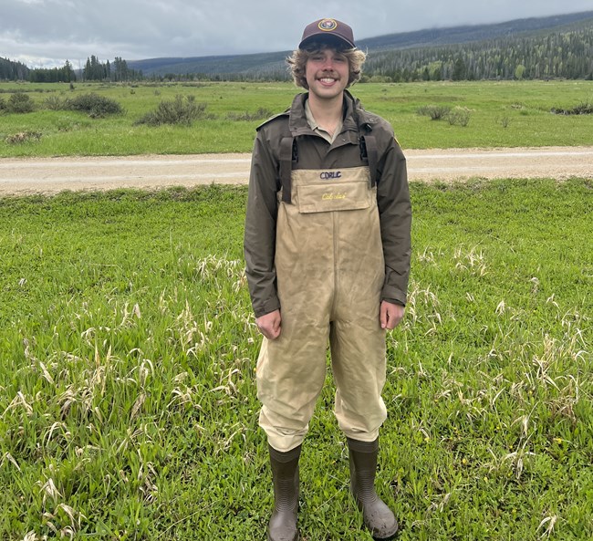 An NPS intern is standing in a grassy meadow wearing waders.