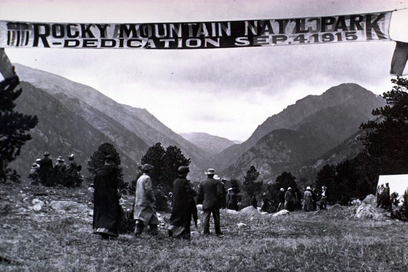 an historic photo of the dedication of Rocky Mountain National Park