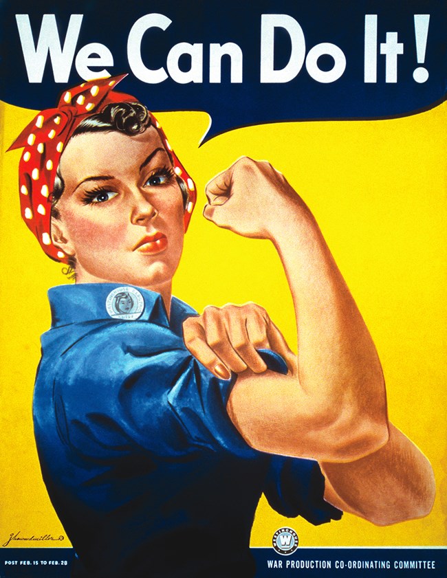 An illustration of a woman in a red bandana and work shirt, flexing her muscle.