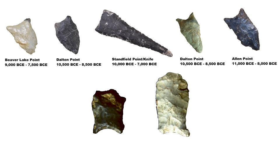Various Paleo-indian stone points on the top row and 2 broken points on the bottom row