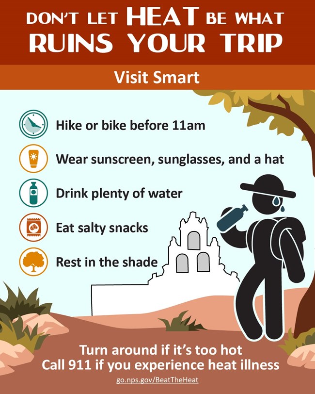 Heat Safety Tips with Mission San Juan behind