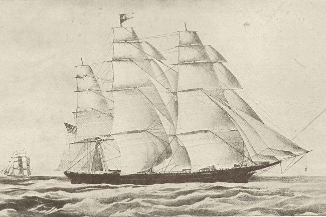 a black and white illustration of the clipper ship the Flying Cloud with full sails on the ocean.