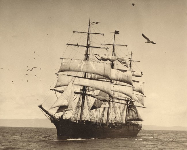historical photo of the Star of Alaska ship under sail on the ocean