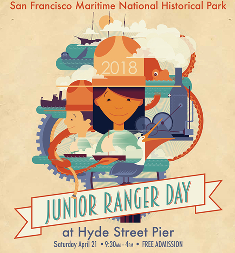 Graphic showing kids in ranger hats, stylized images of ships, and banner reading "Junior Ranger Day"