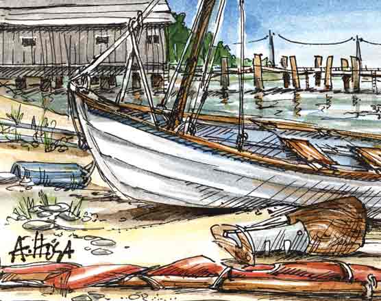 Color illustration of a small rowing boat on a beach.