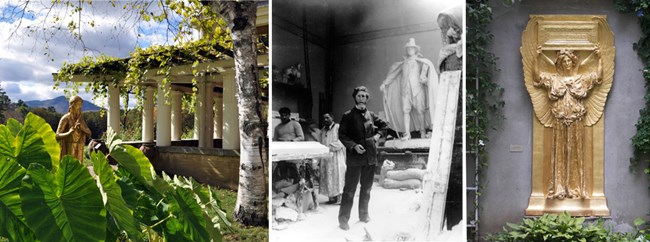 Collage of Pan Statue within Pan Pool Grove Saint-Gaudens in Paris Studio 1898 with Puritan Amor Caritas