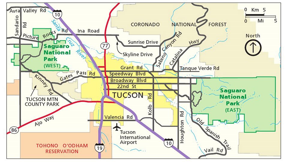 map noting Tucson and major streets in the center with two districts of Saguaro on either side