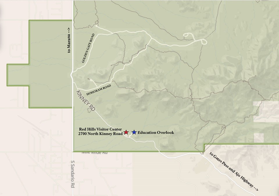 map of west district indicating Red Hills Visitor Center 2700 North Kinney Road and Education Overlook