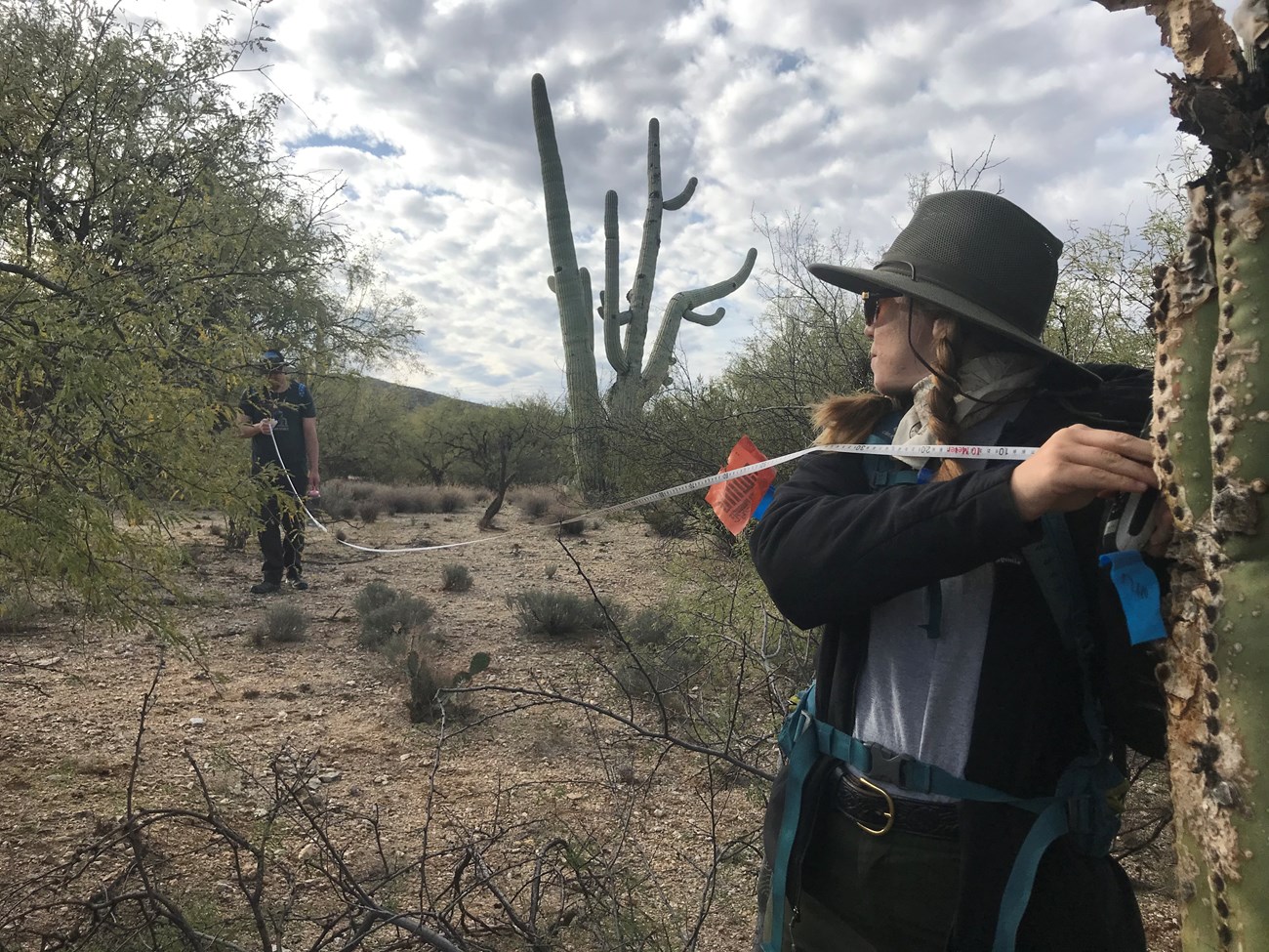 A man communicating to a woman his distance from a saguaro.
