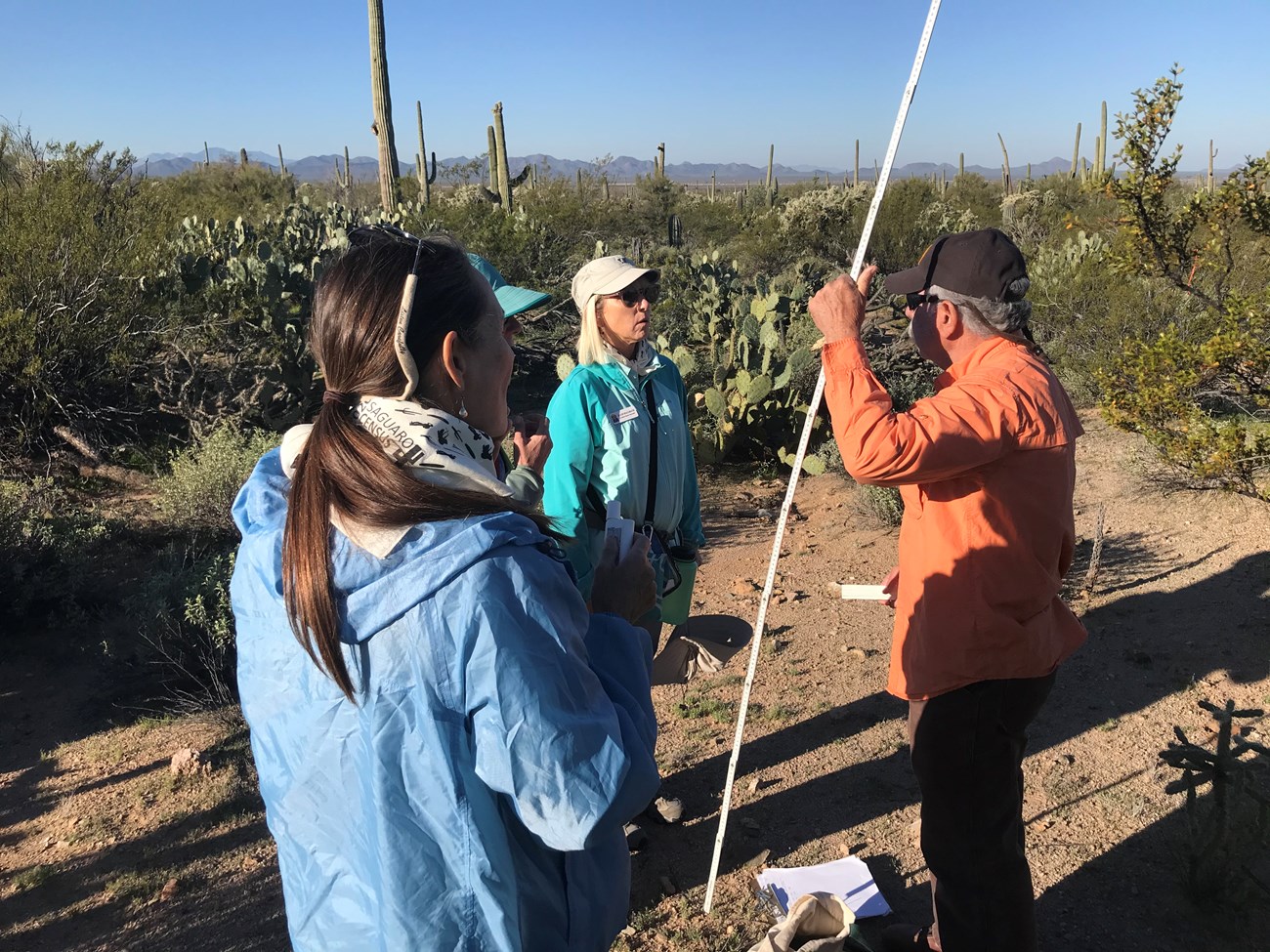 Volunteers work together to collect field data