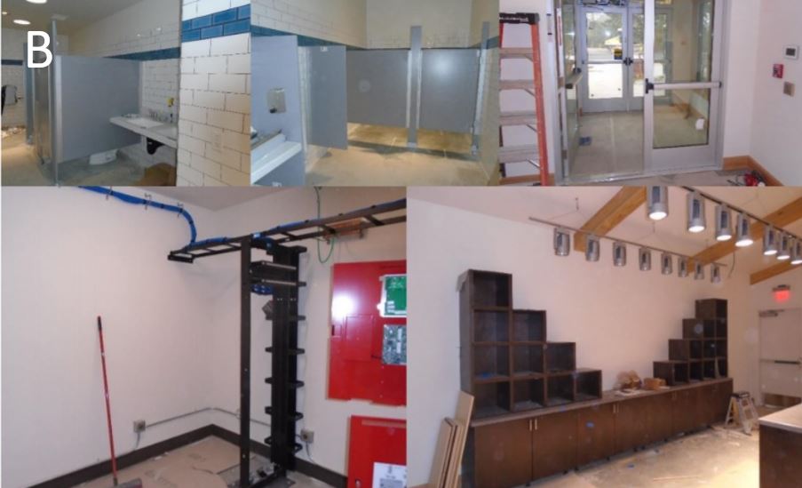 Collage showing finishing touches in bathrooms, bookstore, server room, and entryway