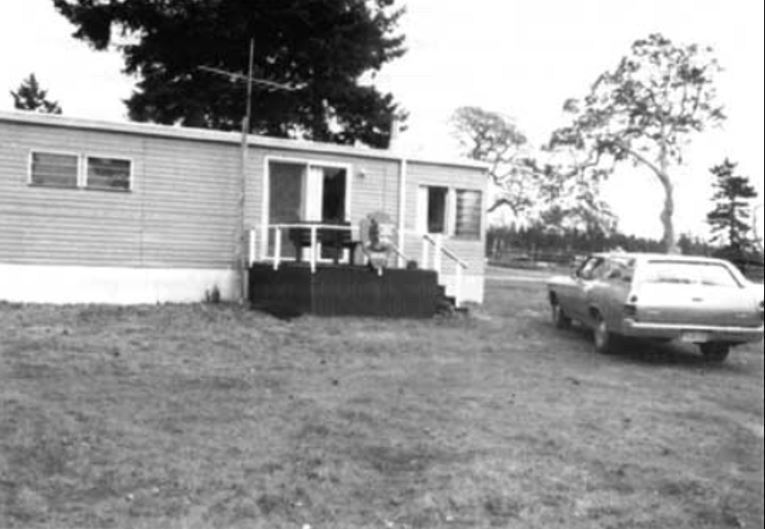 Black and white of temporary trailer at American Camp