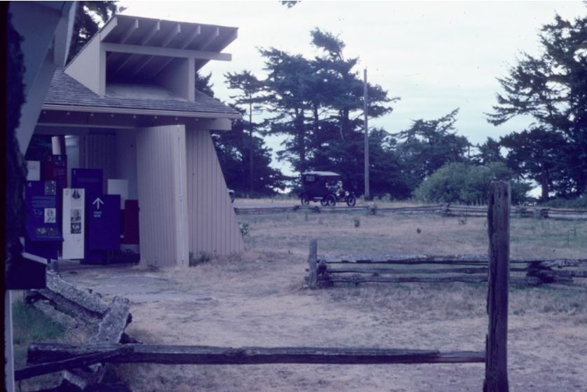 Black and white photo of original interpretive shelter