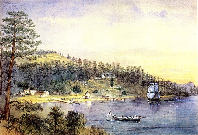 An 1868 painting of English Camp by E.L. Porcher, who then a junior officer aboard HMS Sparrowhawk.