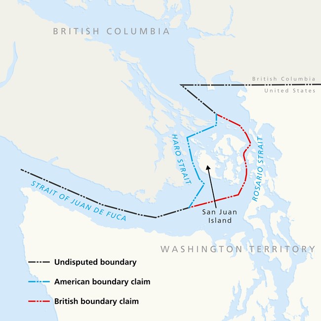 A map depicting the disputed boundaries around the San Juan Islands.