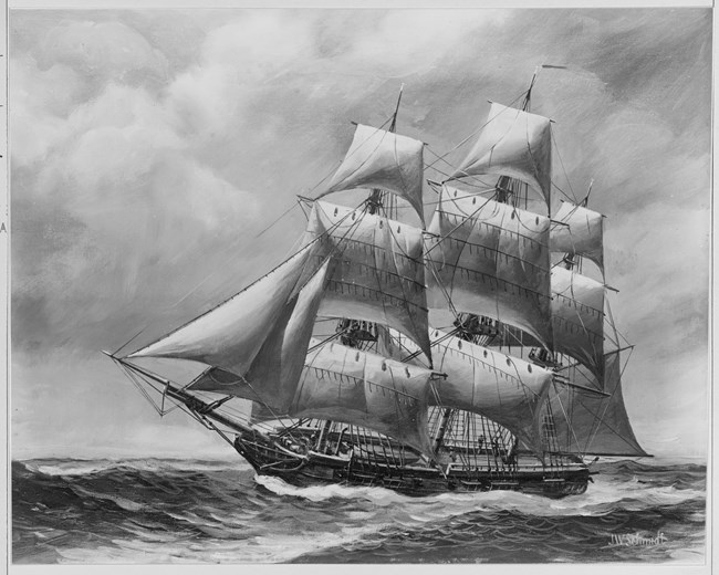 A black and white depiction of a big wooden ship with 11 sails and ropes strung all around rolls over big waves.