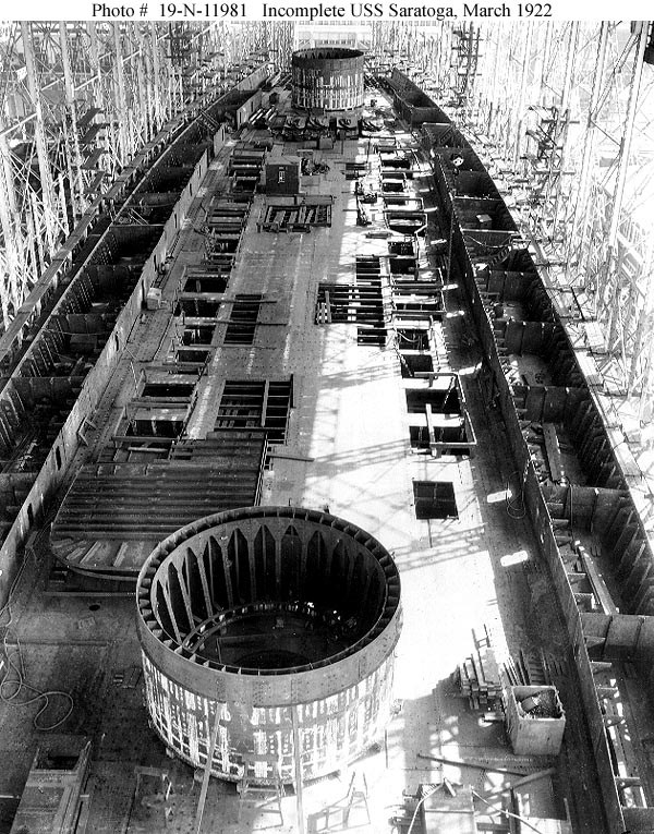 Incomplete hull of a ship, looking forward, at the New York Shipbuilding Company shipyard.