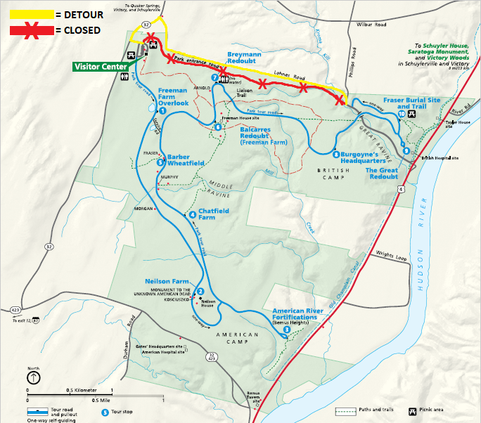 Map of Saratoga National Historical park with a red line highlighting road closures and a yellow line indicating road detour on Lohnes Road