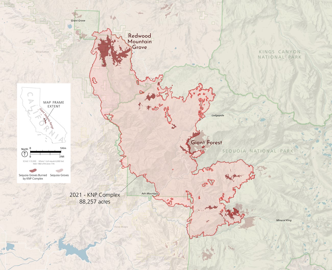 Map showing the KNP Complex Fire boundary and sequoia grove areas that burned in the fire.