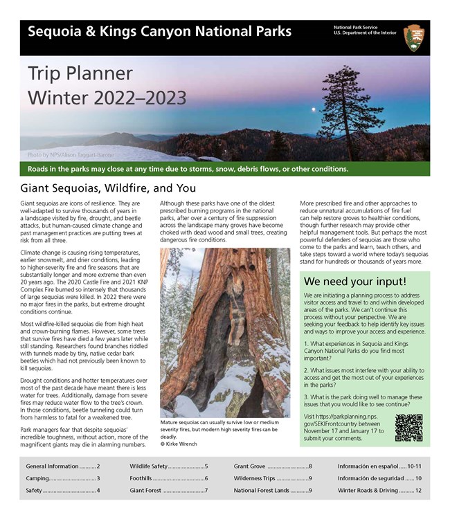 An image of the cover of the winter 2022 - 2023 Sequoia and Kings Canyon newspaper with words and photos.