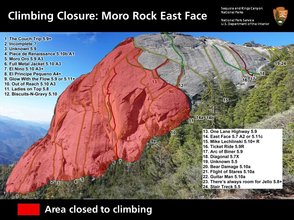 2024 Moro Rock Closure Map Image of the east face of Moro Rock, with a red outline around the closed area for 2024. Further details can be found in the closure description.