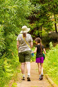 A woman and child walk along a wooden boardwalk in a lush meadow.