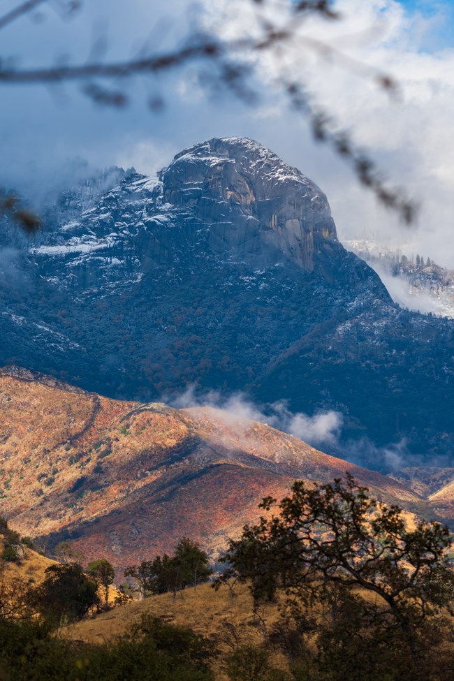 A landscape of rolling hills that climbs in elevation to show Moro Rock covered in snow.