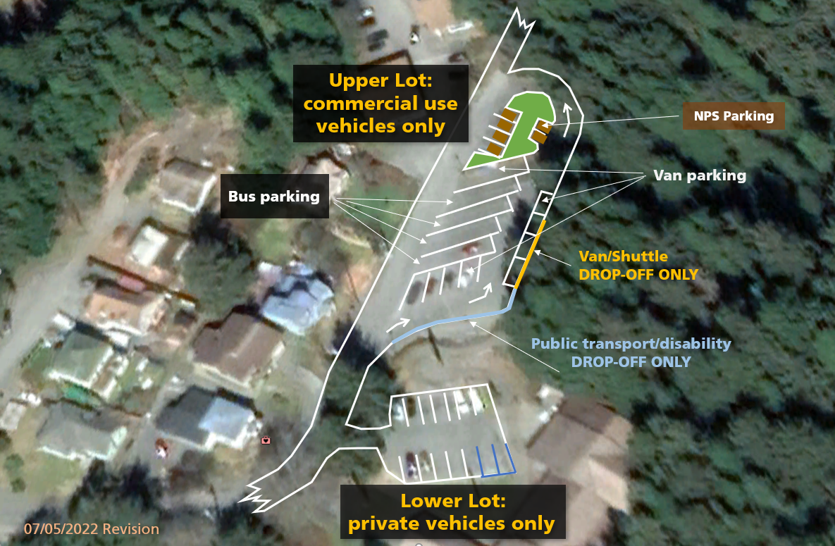 an aerial image of the Sitka NHP visitor center upper parking lot indicating parking configuration