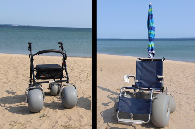 A sand walker and and wheelchair with large rubber wheels