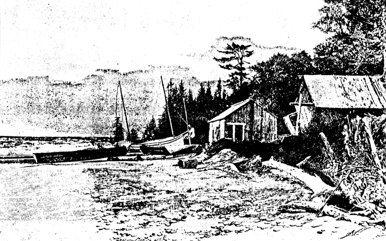 Sketch of small building and fishing reel situated along the shoreline