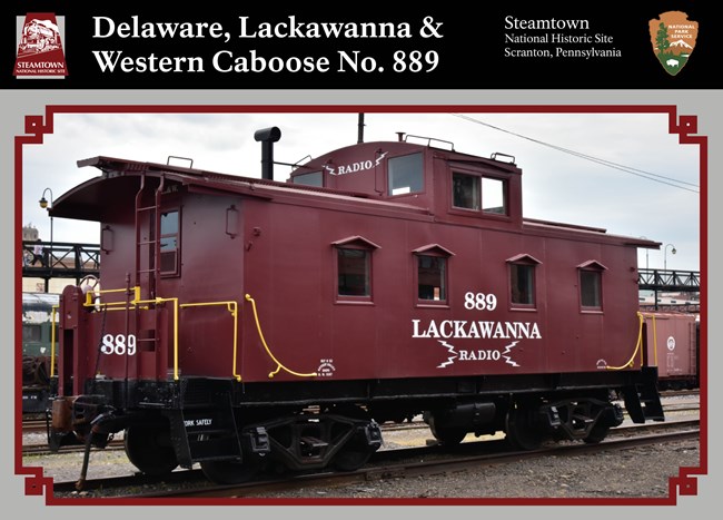 Image of a trading card with a color photo of a maroon caboose